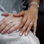 Hand of the groom and the bride with wedding rings